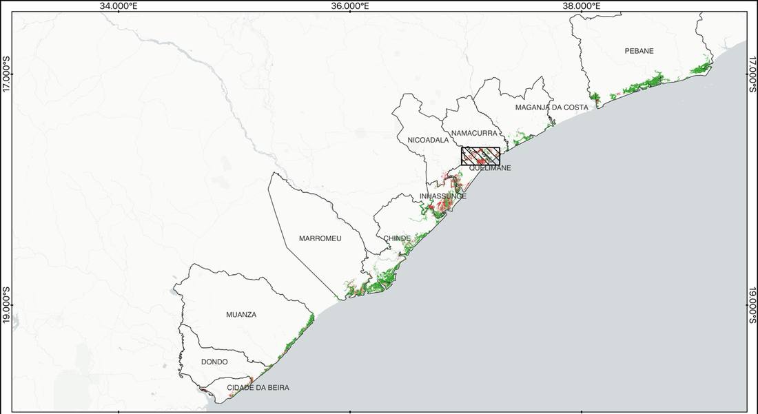 Grouped Project Area across eleven districts: 29,387 ha restoration target, 124,437 ha healthy mangrove, and the Project 1 location.