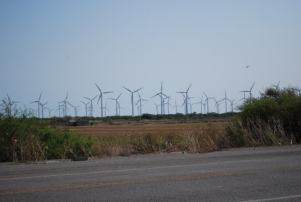Wind turbines near La Ventosa, Oaxaca, Mexico, 2011. Regional wind-energy landscape; the pictured turbines are not identified as Bii Nee Stipa II.