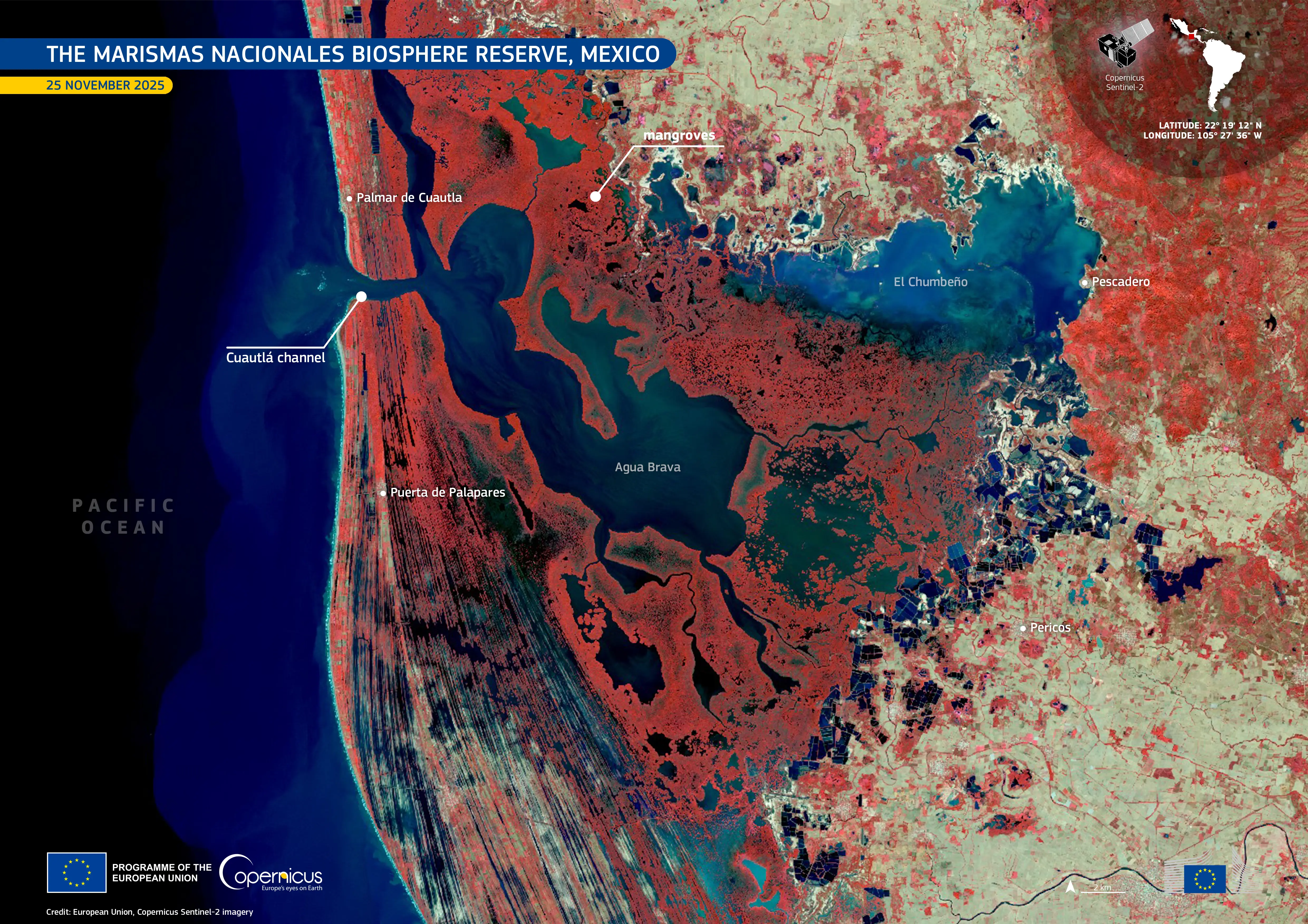 False-colour satellite view of Marismas Nacionales and Agua Brava in Nayarit, Mexico