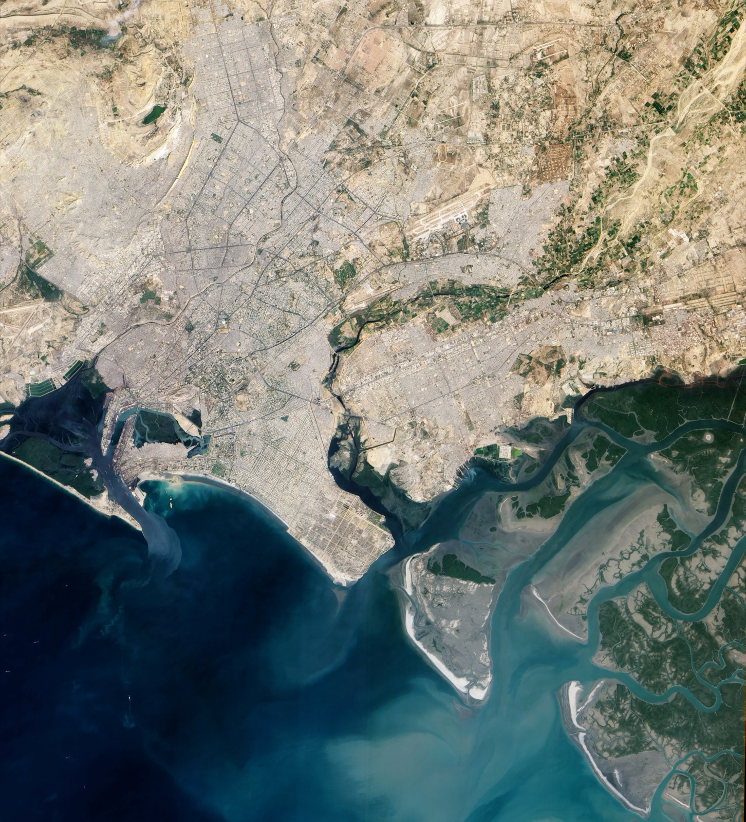 Satellite view of Karachi and the Indus River Delta, Pakistan